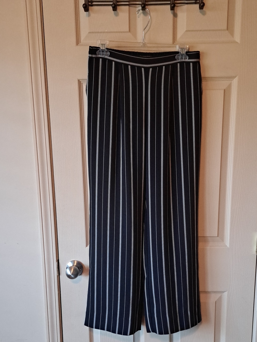 Fifteen Twenty Black Wide-Leg Pinstripe Pants with White Stripes